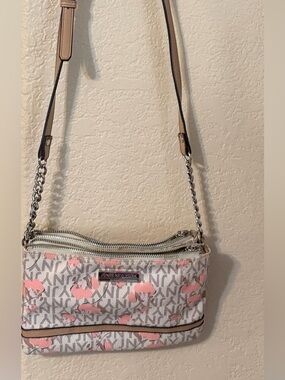 Jones New York Pink Floral Logo Crossbody Bag with Gold Plate